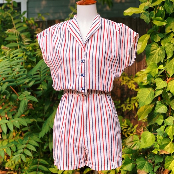 SOLD 1980s Red White & Blue Cap Sleeve Romper - Picture 8 of 9